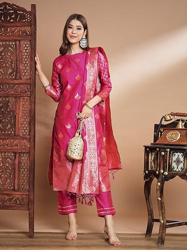 Image of VredeVogel Women's Cotton Silk Jacquard, Banarasi Silk Kurta Pant With Dupatta Set