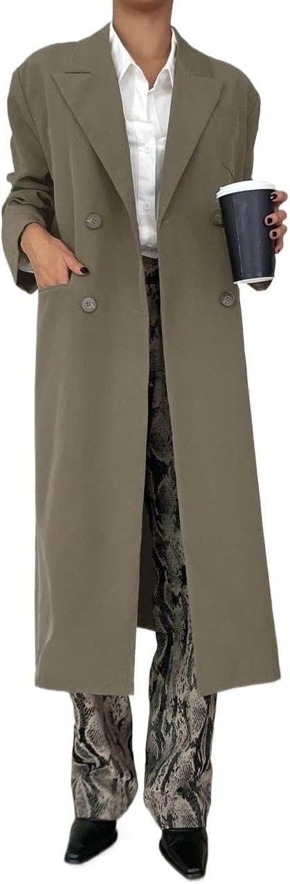 Women's Trench Coat Elegant Lapel Neck Double Breasted Coat Long Sleeve Classic Overcoat