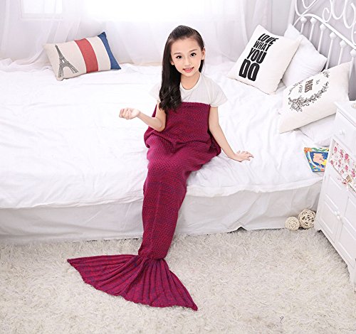 Couverture en laine de sirène, AIGUMI All Seasons Housse de couchage pour sirène, tissu de crochet Warm Sofa Housse de couchage pour enfant 135 * 65cm (rouge)
