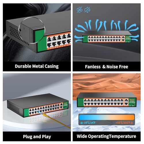 Image of 24 Port PoE Switch with 2 Gigabit Ethernet Uplink Port, Support IEEE802.3af /at, 400W High Power, Fanless, Plug and Play Unmanaged, Rackmount Ethernet Switch