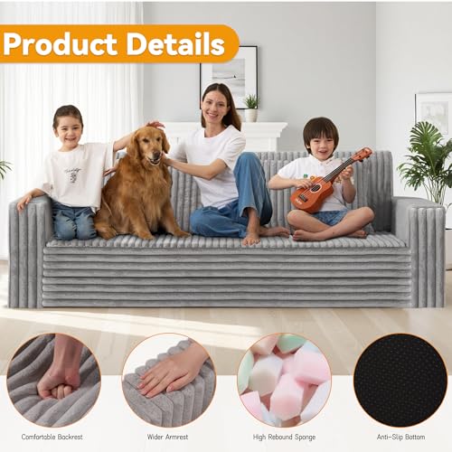 Image of HABUTWAY 78 inch Loveseat Boneless Couch, 4-in-1 Convertible Sofa Bed, Plush Fur Folding Futon Sofa Bed Couches with 2 Pillows for Living Room, High-Density Foam Support, No Assembly Required, Light Grey