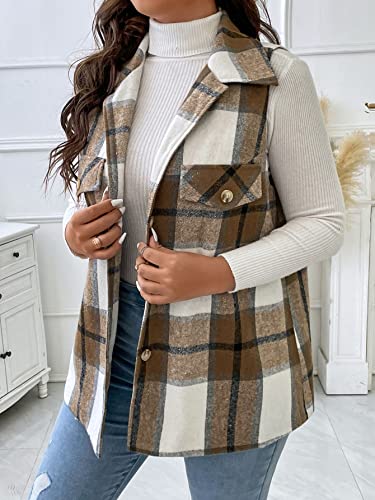 Makemechic Women's Plus Size Plaid Vest Coat Button Down Sleeveless Coat Jacket Outerwear Plus Mocha Brown 0Xl #TOP3