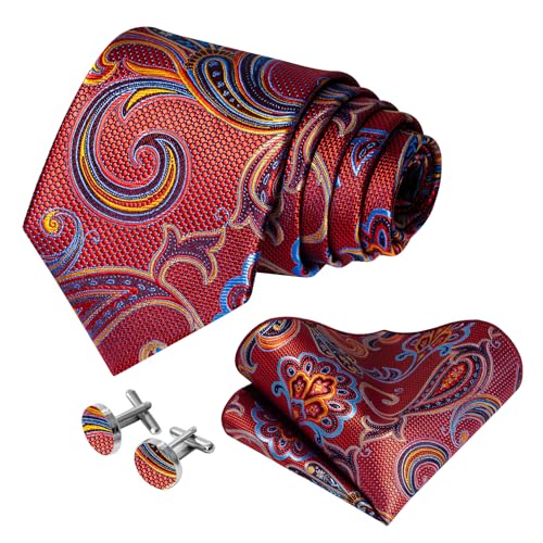 Image of 5PCS Mens Silk Designer Tie, Pocket Square, Cufflinks, Drilled Tie Ring and Lapel Pin Set for Wedding Groom Party