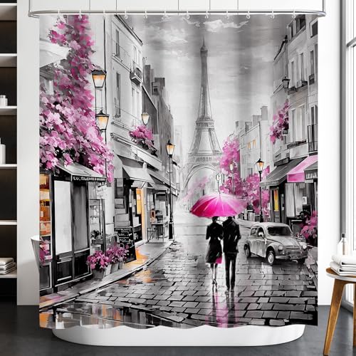 Lokigo Paris Eiffel Tower Extra Long Shower Curtains 84 Inch Long Shower Curtain, Modern Lovers Walk On Rainy France Street Pink Romantic Vintage Gray Oil Painting Shower Curtains