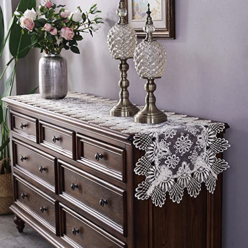 Nappe De Chemin De Table En Satin Brodé De Fleurs Avec Décor En Dentelle, Convient À Une Longueur De Table D'environ 80 - 90 Cm, Décoration Intérieure / Cadeau De Pendaison De Crémaillère / Noël / Fêt Cover