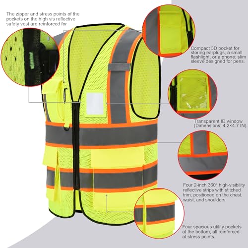 Image of Mesh High Vis Vest, Reflective Construction Vest with Pockets