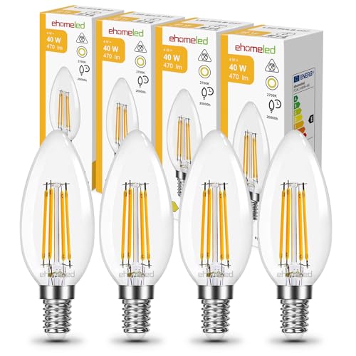 ehomeled Lampadina LED a Filamento E14, 4W Equivalente a 40W, luce bianca calda 2700K, 470Lm retro vintage, Forma a Candela C35 E14 Lampadine, non dimmerabile per lampadari e decorazioni, 4 Pezzi
