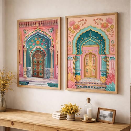 Image of Suneree Rajasthani Haveli Door Wall Art Painting | Set of 2 Framed Paintings | Colorful Indian Architecture Decor for Living Room Bedroom Home | (ART 2, 10x13 INCHES)
