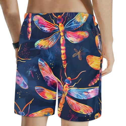Men's Swim Trunks Size S Colorful Dragonflies with Mesh Lining Soft Breathable Quick Dry Beach Shorts Navy Blue2