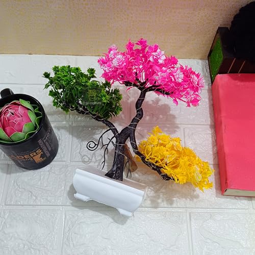 Image of Fake Bonsai Plant Tree with LED, Artificial Plant Indoor Potted Houseplant | Faux Bonsai for Home Decor, Parties, and Festivals (24cm, Colorful Foliage)