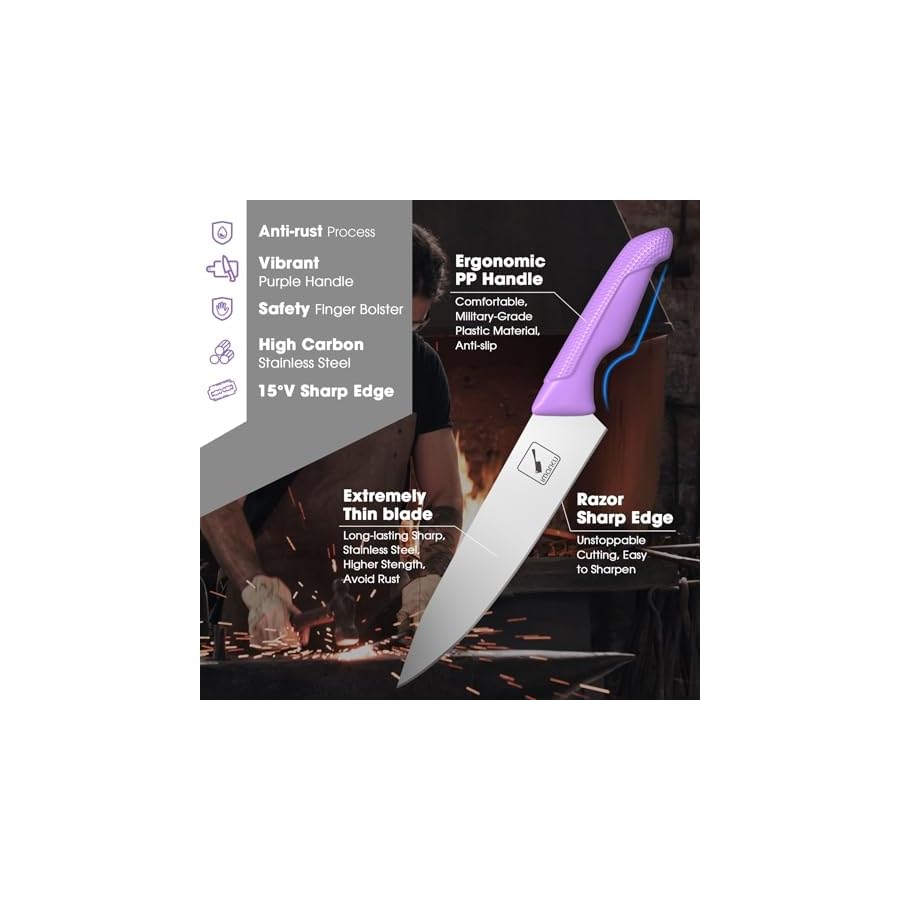 imarku Kitchen Knife Set, Sharp Knife Set with Built-in Sharpener, Stainless Steel Knife Set with Block and Non-Slip Ergonomic Handle, Dishwasher Safe, 14 PCS Professional Knife Set for Gift, Lavender