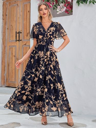 Image of Simplee Women's Boho Floral Maxi Dress Flowy Casual V Neck Short Sleeve Wedding Guest Holiday Beach Long Dress
