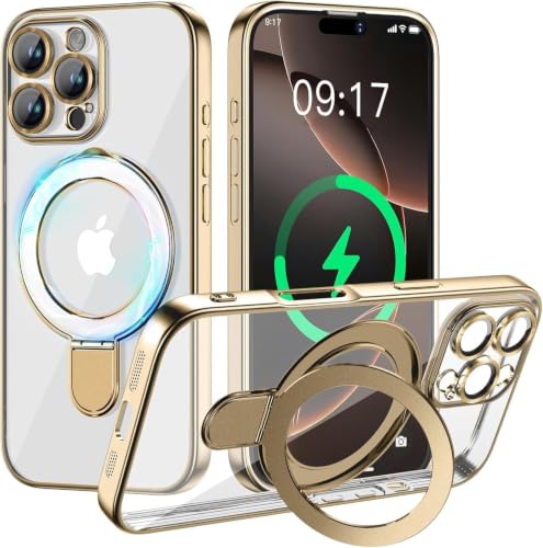 Image of Magnetic for iPhone 16 Pro Case with Invisible Stand[Compatible with MagSafe][Full Camera Lens Protector][Military Drop Protection] Shockproof Not Yellowing Clear Soft Slim for Women Men, Gold