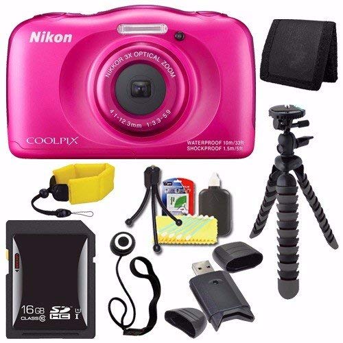 Nikon COOLPIX S33 Digital Camera (Pink) (International Model) + 16GB SDHC Card + Floating Strap + Mini Flexible Tripod + Card Reader + Card Wallet + Lens Cap Keeper + Saver Bundle
