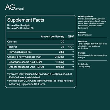 AG1 Omega 3 Fish Oil 2000mg EPA & DHA Supplement from Wild-Caught Fish | Athletic Greens Supplement, Supports Heart, Brain & Joint Health, Keto Friendly, Intermittent Fasting Friendly, 90 Capsules