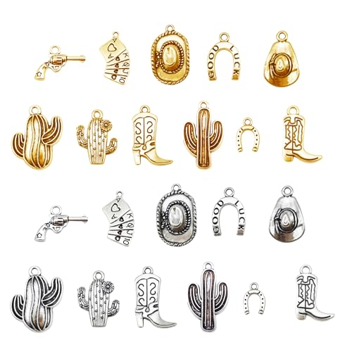 Julie Wang 100 Grams Western Cowboy Charms Antique Silver Gold Color Mix Alloy Boot Hat Pendants for Necklace Earrings Bracelet Jewelry Making Cowgirl Gifts DIY Craft about 60-70 pcs