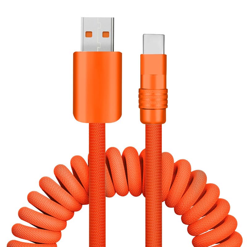 Curly Chubby - Retractable Fast Charging Cable 240W Durable USB A to Type C Charger Cord Port Connector for Phones, Tablets and More, Orange+Orange, USB-A to Type-C, 1.3FT-2.3FT