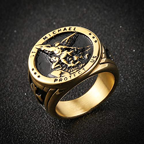Image of HZMAN St. Michael San Miguel The Great Protector Archangel Defeating Satan Figurine Stainless Steel Amulet Ring