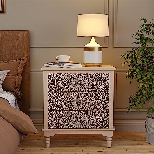 SUNBURY Mesita de noche con 3 cajones, mesita de noche vintage de 26 pulgadas, mesa auxiliar pequeña para sala de estar, mesa auxiliar ligera de MDF