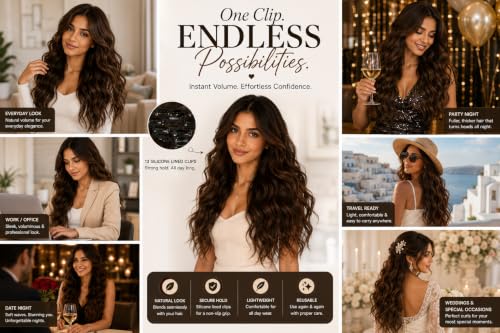 Image of Salon-Grade CHOCOLATE BROWN Curly /Wavy Clip-in Extensions - 6PCS Synthetic Hair Volumizer with 13 Secure Clips for Instant Volume & Realistic Blend