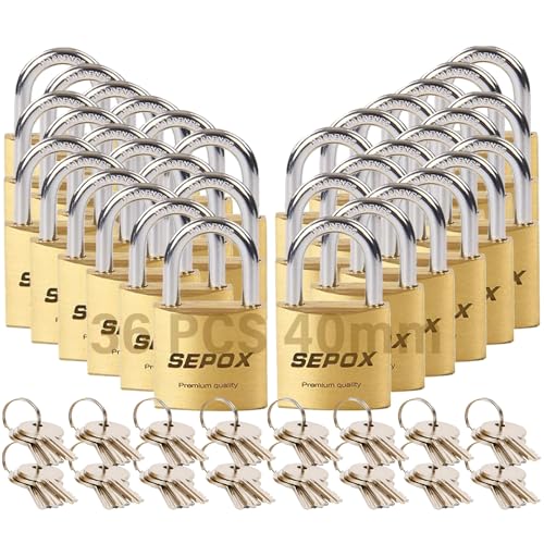 Image of SEPOX Solid Brass Padlock 40mm, Keyed Alike 48 Keys, Chamfered Edge, 36Pcs | For Gate, Gym Locker, Tool Box, Luggage, Heavy Duty, Anti-Rust Anti-Cut Shackle, Big Handle for Easy Grip, Weatherproof Body