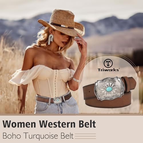 Women's Western Leather Belt Vintage Turquoise Buckle Brown Belt Cowboy Cowgirl Faux Leather Belt2