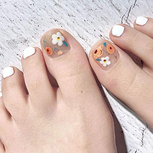 Haloty Matte Fake Toenails White Short Press on Toe Nails Flowers Ballerina Full Cover Artificial False Toe Nails Tips for Women and Girls (24PCS)