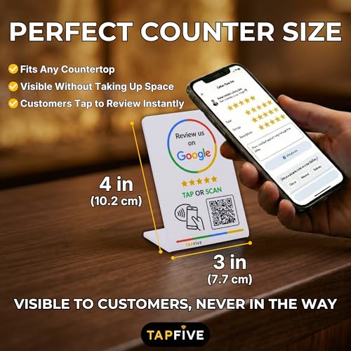 Image of Google Review Stand by TapFive - Tap to Review NFC Tap & QR Code Sign for Restaurants, Salons, Retail & Front Desks | QR Code Stand | No Monthly Fees (White, 5 Stands)