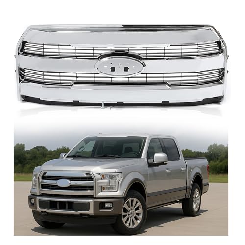 KUAFU Front Bumper Grille Compatible with 2015-2017 Ford F150 F-150 Replacement for FL3Z-8200-MA FL3Z8200MA w/o Camera Chrome Upper Hood Mesh Grill ABS Plastic