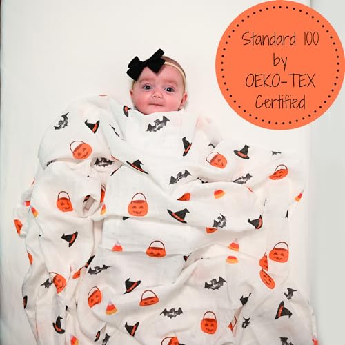 Image of LollyBanks Swaddle Blanket, 100% Cotton Baby Blanket, Soft Muslin Swaddle Blankets 47 x 47 Inches, Nursery Swaddling Blankets for Boys and Girls, Baby Essentials, Registry (Halloween Print)