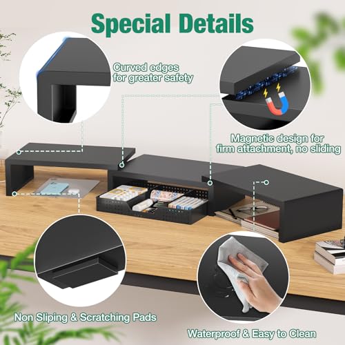 Image of OPNICE Dual Computer Monitor Stand Riser, Desk Organizer with Drawer, Office Desk Accessories & Workspace Organizers for Home Office Supplies, Black
