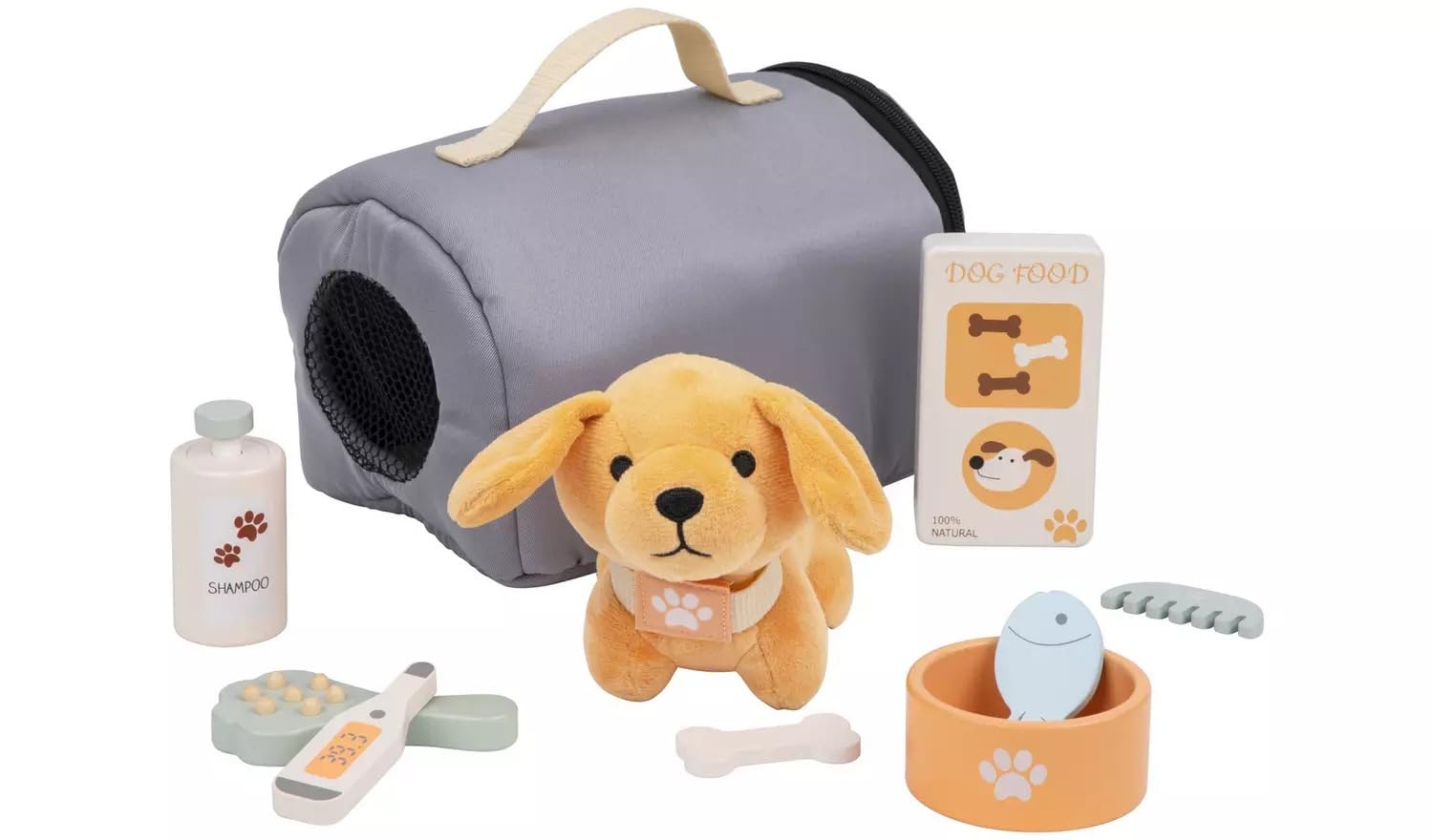Kids Wooden Pet Care Play Set with Plush Dog, Carrier Bag, Shampoo, Food Bowl and Grooming Accessories, Grey