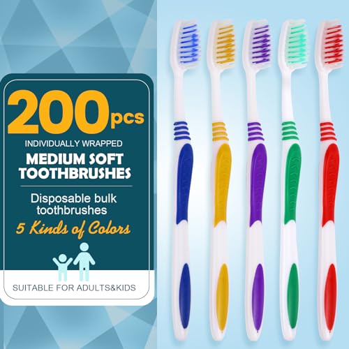 Navona 200 Stück einzeln verpackte Bulk-Zahnbürsten, bunt, manuelle Einweg-Reisezahnbürste für Erwachsene oder Kinder, ergonomischer Griff, mittelweiche Borsten, perfekt für Reisen, Hotels, Spenden – Bild 3