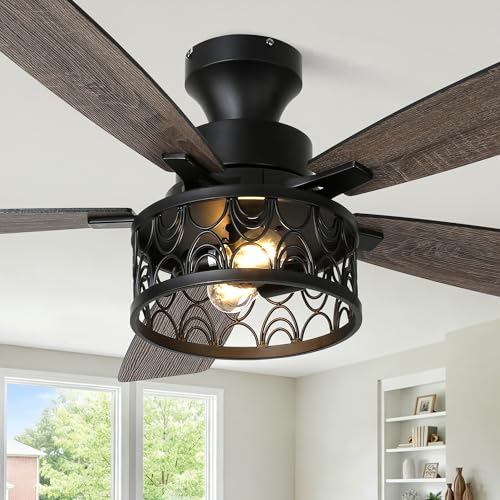 Image of 52 inch Farmhouse Rustic Flush Mount Caged Ceiling Fan with Light