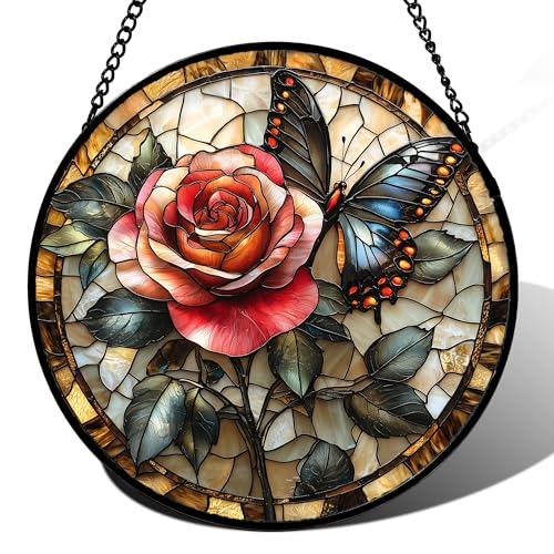 Image of Stained Glass Window Hanging, Red Rose Black Butterfly Suncatcher for Doors Home Sun Catchers Decoration and Christmas, Mother's Day Birthday Gifts for Women, Men, and Mom 6.3x6.3 in