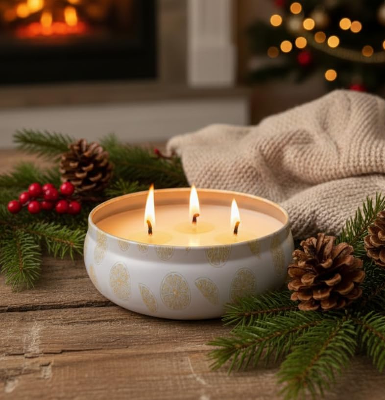 Image of Grapefruit & Honey Scented Multi-Wick Tin Candle | Reusable Printed Tin Container - 5 x 2 inch | 16 Hour Burn Time | Lead-Free Wicks | Home Decor & Gifting