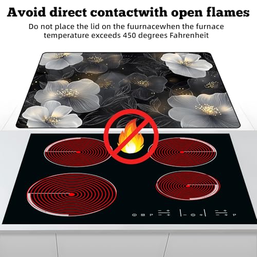 Image of Multi-Design Stove Top Cover for Glass /Electric Stoves - 3-in-1 Heat-Resistant Protector Mat, Non-Slip Drying Rack 28 inchx20 inch (White Flowers, 28 inch L x 20 inch W)