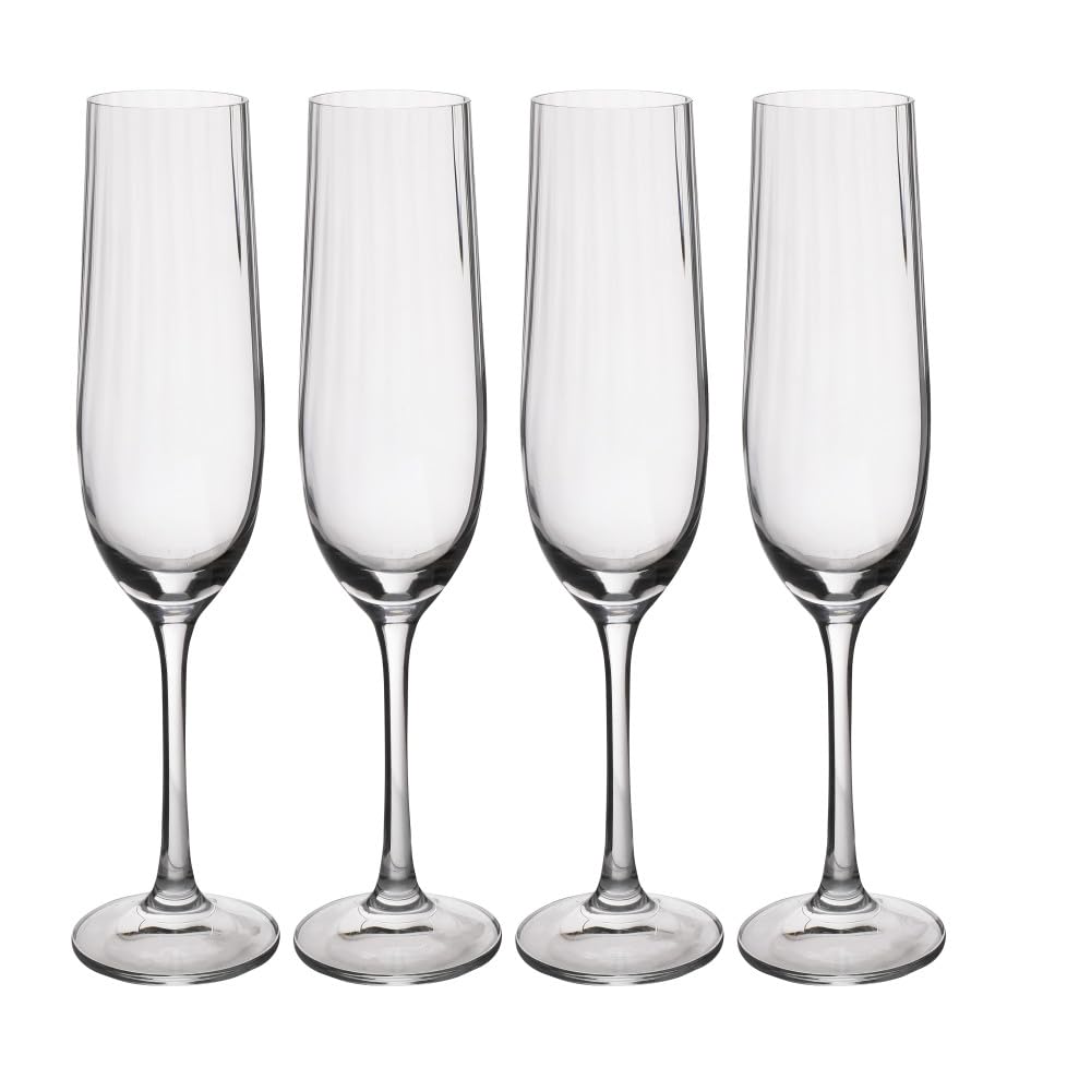 MIKASA Treviso Champagne Flute Glasses, Set of 4 Ridged Crystal Glasses, 190ml Sparkling Wine Stemmed Glass Set, Elegant Glassware for Weddings, Parties, Celebrations, Drinkware Gift Set