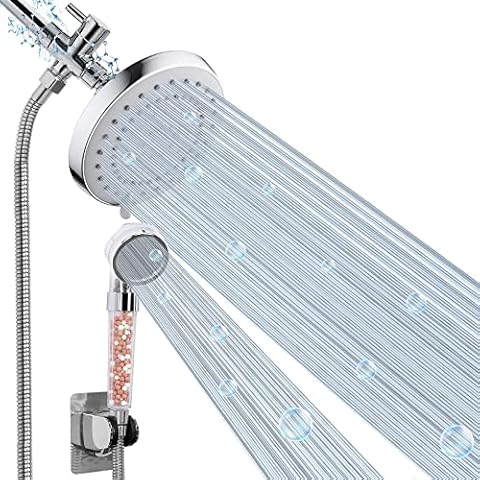 HarJue High Pressure Rain Shower Head and Hand Held COMBO, 5 Settings Rainfall Shower Head- Dual Shower Head Set, with Filter Beads for Hard Water, Improves the Condition of Your Skin/ Hair, Chrome Cover