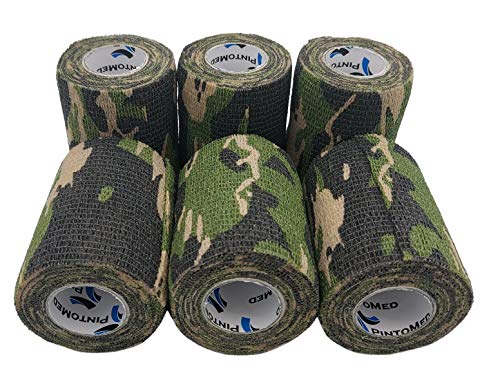 PintoMed - Cohesieve bandage Tape - Camoflaged Green Army gestrekt 6 rollen x 7,5 cm x 4,5 m zelfklevende flexibele bandages, professionele kwaliteit, eerste hulp sport wrap bandages.
