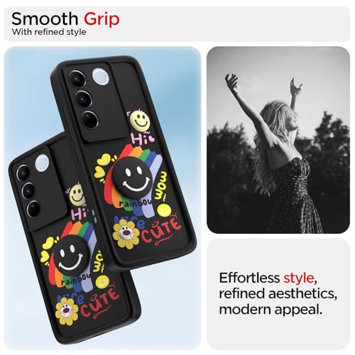Image of Pikkme Back Cover for Vivo V27 5G / V27 Pro 5G | Soft Silicone| Cute Rainbow Smile & 3D Cartoon Flower Design | Shockproof Raised Camera Protection Bumper Case (Black)