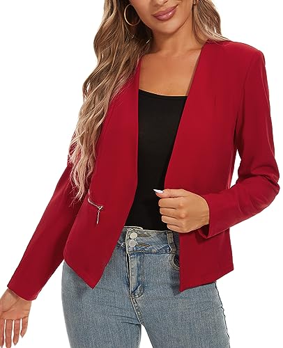 MINTLIMIT Blazers for Women Long Sleeve Open Front Collarless Suit Blazer with Zipper Pockets Casual Work Office(Red, XL)