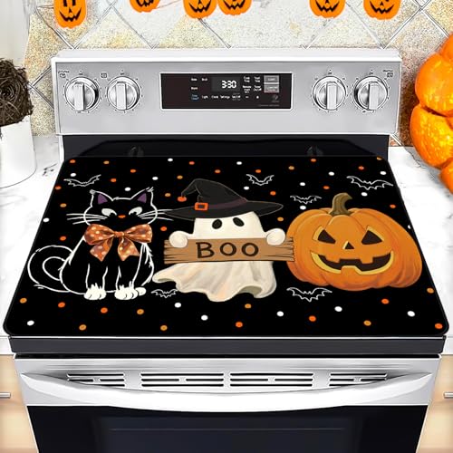 Image of Halloween Stove Top Cover for Electric Stove 28 inchx 20 inch, Boo Heat Resistant Glass Top Stove Cover Protector, Glass Cooktop Covers, Kitchen Flat Electric Stove Top Covers