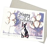 Boston Terrier Birthday Card (7X5 Inch, 1 Card, Blank Inside) Happy Birthday Boston Terrier Greeting Card for a Birthday Party or to go with a gift from the Dog - 185