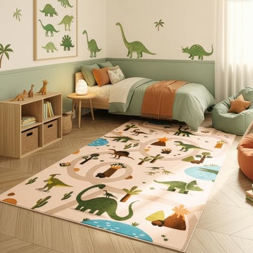 SIMPEX Kinderteppich Dinosaurier Spielteppich für Kinderzimmer in Beige Dino Motiv mit Straßen Größe 80x150 cm kleine Spielbereiche detailreiches Motiv für fantasievolles Spielen