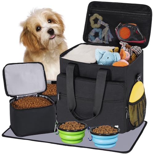 LASUK Dog Travel Bag Large Pet Travel Set with Multi-Function Pockets 2 Food Storage Containers 2 Collapsible Bowls 1 Feeding Mat for Pet Supplies Road Trip Essentials Weekend Camping (Black)