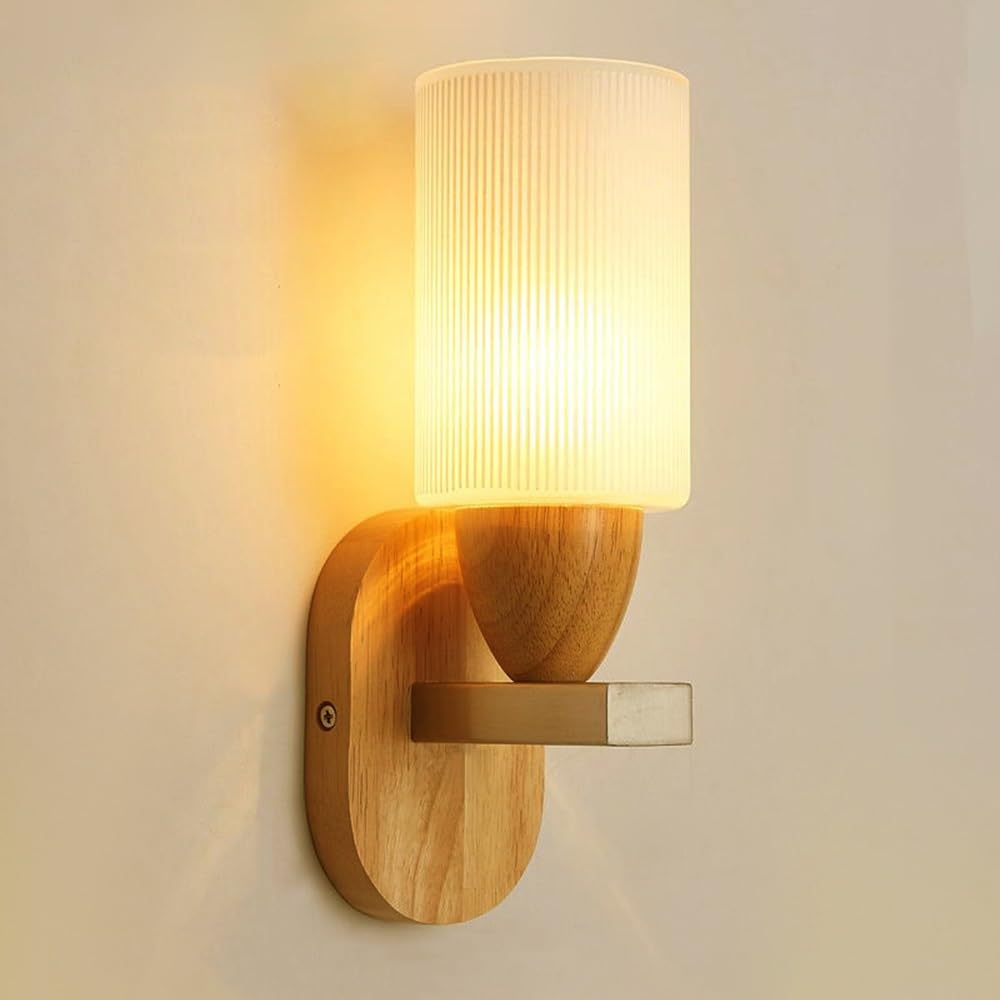 SXWNBIFH Vintage Wood Wall Sconce Cylindrical Glass Wall Lamp Farmhouse Bedside Aisle Deco Lighting Fixture Retro Modern Wooden Wall Light for Living Room Hallway Stairs, E27