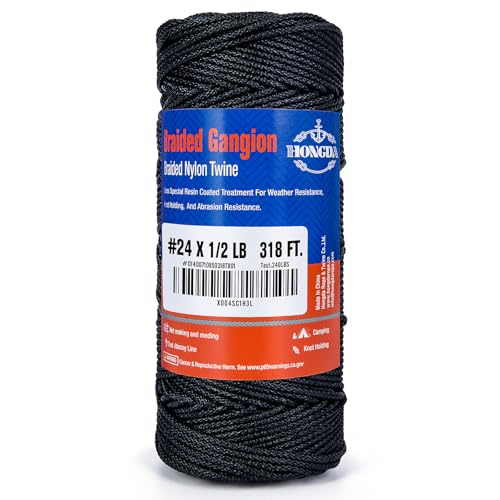 HONGDA Braided Tarred Bank Line Braided Nylon Twine 318 Feet #24 Bank Line Black Tarred String 1.85mm for Trotline Construction Gear Tying Jungle Survival