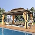EROMMY 12' x 16' Hardtop Gazebo, Aluminum Frame Gazebos with Galvanized Steel Double Roof, Permanent Outdoor Metal Pavilion with Curtain and Netting for Patio, Lawn, Deck