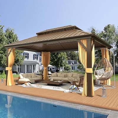 EROMMY 12' x 16' Hardtop Gazebo, Aluminum Frame Gazebos with Galvanized Steel Double Roof, Permanent Outdoor Metal Pavilion with Curtain and Netting for Patio, Lawn, Deck